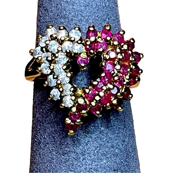 Estate Gold Vermeil 925 Sterling Silver Ruby & CZ Cluster Heart Cocktail Ring - Picture 1 of 9